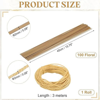 uxcell 100Pcs 2 Gauge Floral Wire, 15.75" Length Flower Stem Wires with 0.08" x 32.8ft Twine for Wreath Making, Flower Arrangement, Yellow