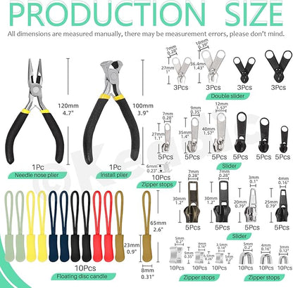 Keadic 144Pcs Zipper Repair Kit With 3/5/8 Sizes, Extension Pull, Top/Bottom Stops, Replacement Zippers, Pliers for Metal, Plastic, Nylon Coil Repair