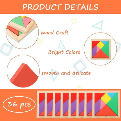 Shappy 36 Pieces Wooden Tangram Puzzles for Kids Educational Shape Puzzle Toys Geometric Pattern Brain Logic Puzzle Blocks for Students Educational Activities Back to School Gifts(Novelty Style)