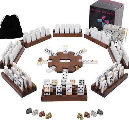 8 Players Mexican Train Dominoes Game Set - Double 12 Dominoes with Wooden Hub, 8 Metal Trains & Domino Storage Bag| Family Board Game for 2-8 Players
