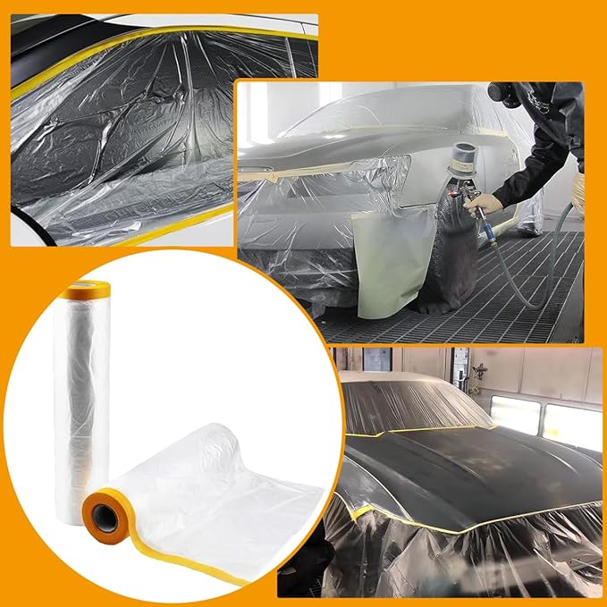 3 Pack Protective Masking Film with Tape 5 x 65 Ft Car Painters Plastic Sheeting Roll Tape and Drape Masking Film for Automotive Painting Covering Frames, Furniture, Auto Body