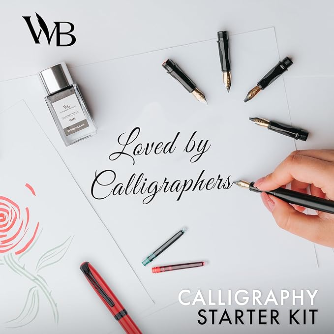 Wordsworth and Black Calligraphy Pen Set - Black - Includes 2 Calligraphy Pens, 18 ML Ink Bottle, 60 Ink Cartridges, Ink Refill Converter, 1 Medium and 4 Broad Nibs, Brush Pen
