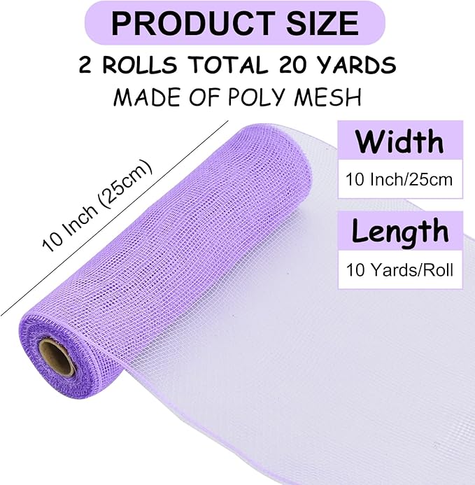 TONIFUL 2 Rolls 10 Inch Lavender Purple Decorative Mesh Ribbbon Rolls, Fabric Mesh for Mesh Wreath Supplies, Front Door Wreath Crafts Tree Decor Christmas NewYears Halloween Decoration (10 yds/roll)