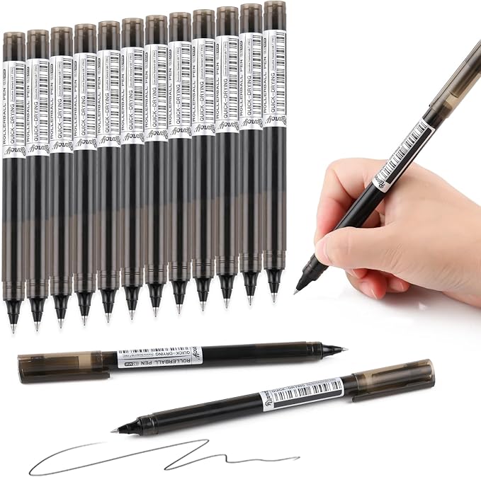 RIANCY Black Fine Point Gel Pens 12Pcs 0.5mm Gel Ballpoint Pens Black Liquid Ink Pens No Smear No Bleed, Smooth Writing Pen for Journaling Note Taking Drawing Sketching Coloring Office School Supplies