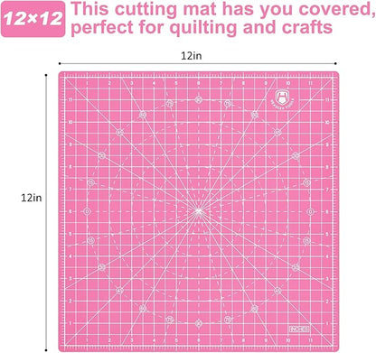 Headley Tools 12"x12" Rotating Cutting Mat, Self Healing Mat with 360-Degree Rotation & Anti-Slip Base, Sewing Board Cutting Mat Perfect for Fabric Quilting Leather Hobby Project，Pink