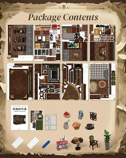 Cutefun Book Nook Kit - DIY Miniature Doll House Kit, Book Nook Kits for Adults, 3D Wooden Puzzle Bookend Bookshelf with LED Light for Cafe Crafts Lovers (Corner Coffee Shop)