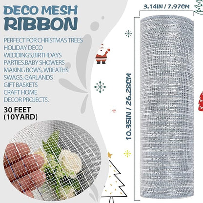 Anivia Deco Mesh Ribbon, 10inch x 30 Feet Each Roll Metallic Foil Mesh Ribbon for Wreaths Swags, Holloween, and Christmas Tree Decoration (Silver/Silver Foil)