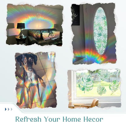 Haton Window Privacy Film, Decorative Stained Glass Window Clings, 3D UV Sun Blocking Sticker, Removable Static Cling Heat Control Tint for Home Door, Leaf Rainbow, 35.4" x 157.4" Non-Adhesive