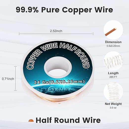 Industrial 24 Gauge Half Round Copper Wire - 3.0 oz (265 Feet) High Purity Copper Wire for Scientific Instruments