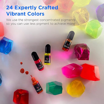 Rolio Pigments Resin Liquid Pigment Translucent Colors - 24 Vibrant Colors for Epoxy Resin, Jewelry Making, Acrylic Paint, Art, DIY Crafts Production, Garment Accessories - 0.33 oz/10 ml Each