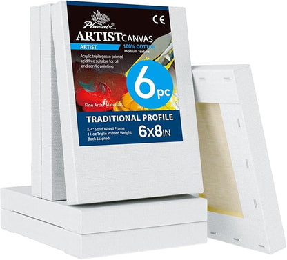 PHOENIX 6x8 Inch 6 Pack Artist Canvas - Small Stretched Canvases for Painting - 3/4 Inch Profile, 100% Cotton 11 Oz. Gesso Primed White Blank Professional Canvas Oil & Acrylic Paints