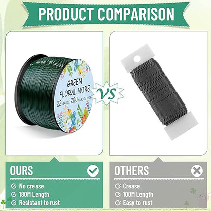 Floral Wire 22 Gauge Flower Wire for Craft, 200 Yards Green Flexible Paddle Florist Wires for Flower, Green Florist Wires Christmas Wreaths Tree, Garland Floral Flowers Arrangements, and Wreath Frame
