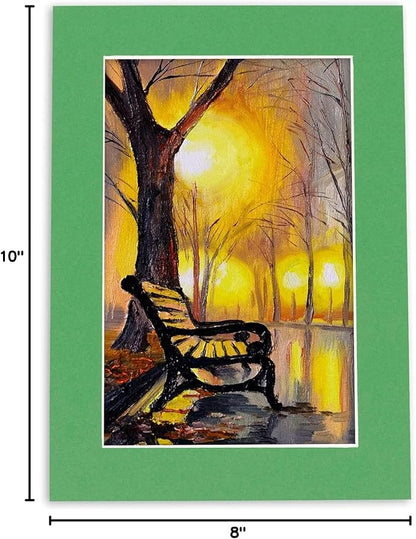 Pack of 25 Acid Free 8x10 Mats Bevel Cut for 5x8 Photos - Bright Green Precut Matboards With Backing Boards and Clear Photo Mat Bags For Pictures, Photos, Framing - 4-ply Thickness