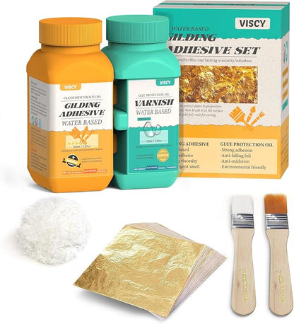 Gold Leaf Adhesive, Gilding Adhesive Set with 100ml Water Based Metal Leaf Glue and 100ml Varnish, 100 pcs Foil, 2 Brushes, Foil Wiping Cotton, for Arts, Crafts and Painting.