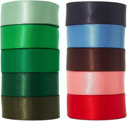 Assorted Green Satin Ribbon 1 Inch Set, 50 Yards Double Faced Pack, Into The Forest 10 Colored Ribbon Bulk for Gift Wrapping, Crafts, Flower Bouquet, Eco Environment, Earthy Day, Forest Wedding