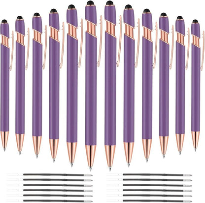 12 PCS 2 in 1 Stylus Ballpoint Pen with Stylus Tip, 1.0 mm Black Ink Metal Pen Stylus Pen for Touch Screens (Light Purple)