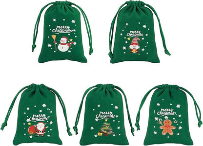 Tapleap Christmas Bags with Drawstring - 50Pcs 3x4 Green Velvet Coth for Wrapping Christmas Party Favors or Gifts for Friends, Children, Customers