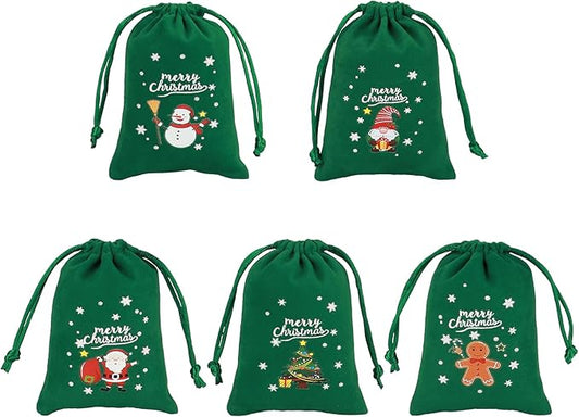 Tapleap Christmas Bags with Drawstring - 50Pcs 3x4 Green Velvet Coth for Wrapping Christmas Party Favors or Gifts for Friends, Children, Customers