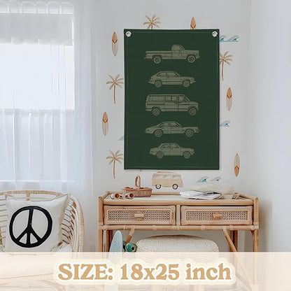 Toddler Boy Room Decor,Car Room Decor Linen Canvas Banner,Retro Car Wall Hanging Flag Banner for Little Boy Bedroom,Playroom Nursery 18x25 Inch