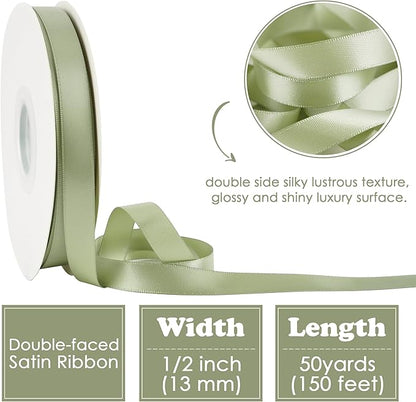 HUIHUANG Sage Green Double Faced Satin Ribbon 1/2 inch X 50 Yards Continuous, Dusty Sage Satin Ribbon for Gift Wrapping, Bows, DIY Crafts, Flower Bouquet, Bridal Shower Wedding Decor