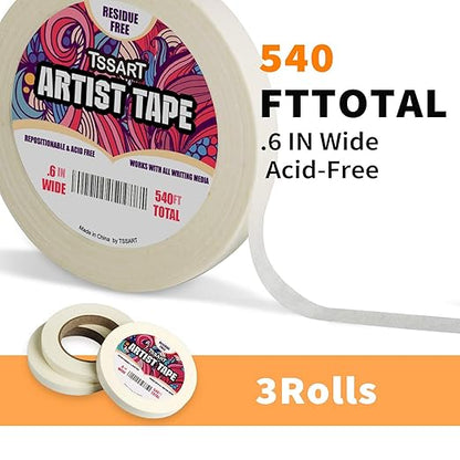 3 Pack White Artist Tape - Masking Artists Tape for Drafting Art Watercolor Painting Canvas Framing - Acid Free 0.6inch Wide 540FT Long Total