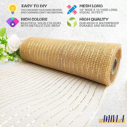 Anivia Deco Mesh Ribbon, 10inch x 30 Feet Each Roll Metallic Foil Mesh Ribbon for Wreaths Swags, Holloween, and Christmas Tree Decoration (Natural)