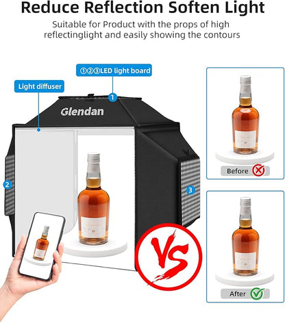 Glendan Portable Light Box Photography: 16"x16" Professional Dimmable Photo Box with High CRI 480 LED Lights - Soft Box with 4 Photo Backdrops for Jewelry and Product Photography