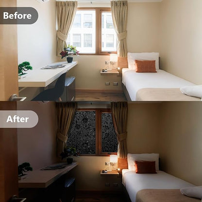 LEMON CLOUD Total Blackout Window Film Privacy Static Cling Frosted Black Window Covering 100% Opaque Film Tint Darkening Removable Film for High Privacy，(Blackout Tulip Design,29.5 x157.4 inches)