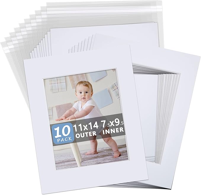 Somime 10 Pack White Photo Mats 11x14 for 8x10 with Core Bevel Cut Matte Sets, Acid Free Mat Board for Picture Frame, Photos, 11x14 Mat - Includes Pre-Cut Mats, Backing Boards and Clear Seal Bags