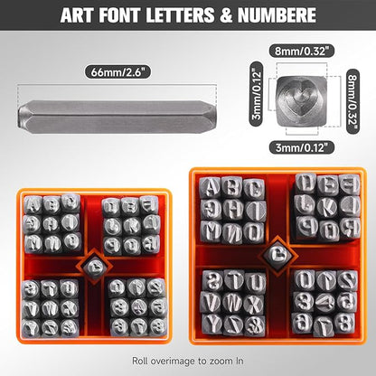 YKLP 37 Pcs Number and Letter Stamp Set,1/4” (6mm) (A-Z & 0-9 + Heart) Metal Letter Stamps DIY Arts & Crafts Leather Stamps, Leather, Wood for Jewelry Stamping kit