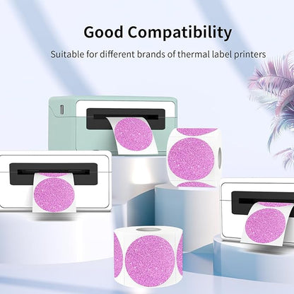 3" Holographic Thermal Label Stickers, Round Direct Thermal Label Stickers, Glitter Thermal Printer Sticker Labels for Gift Wrapping, Self-Adhesive Custom Logo Design- Glitter Pink
