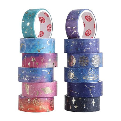 12 Rolls Galaxy Washi Tape Set, Gold Foil Decorative Masking Tape for Scrapbooking, Bullet Journal, Planner, DIY Crafts, Gift Wrapping
