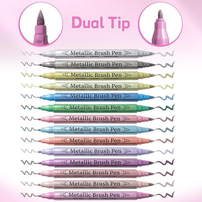12 Pack Metallic Markers, Dual Tip Glitter Pens for Black Paper & Rock Painting Metallic Acrylic Paint Markers for DIY Crafts, Scrapbooking, Glass, Wood, Cards Alcohol Based Quick Dry Ink