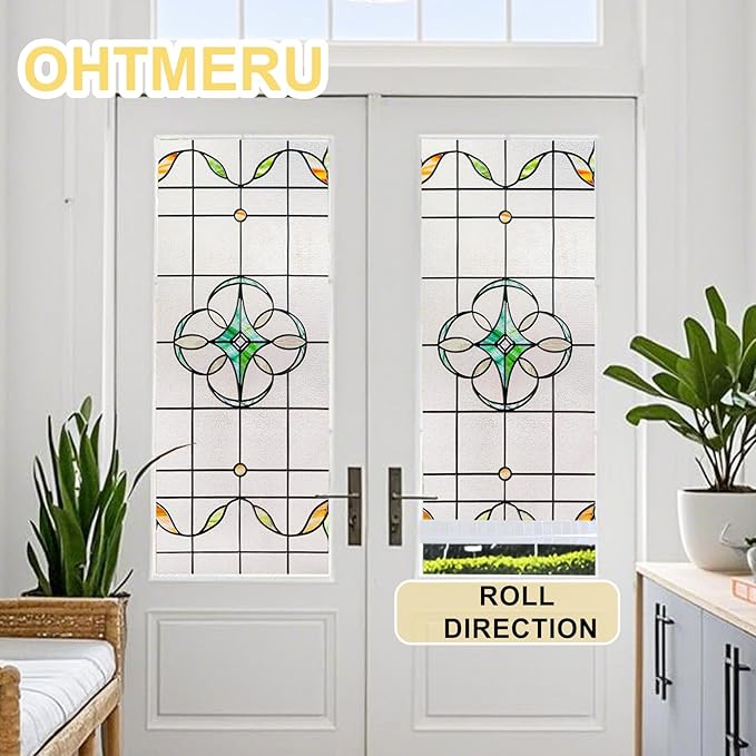 3D Stained Glass Window Privacy Film, Heat Control UV Blocking Static Cling Decorative Window Film for Bathroom,Front Door,Home Non Adhesive,16.9 x 78.7 inches Verdant Whispers