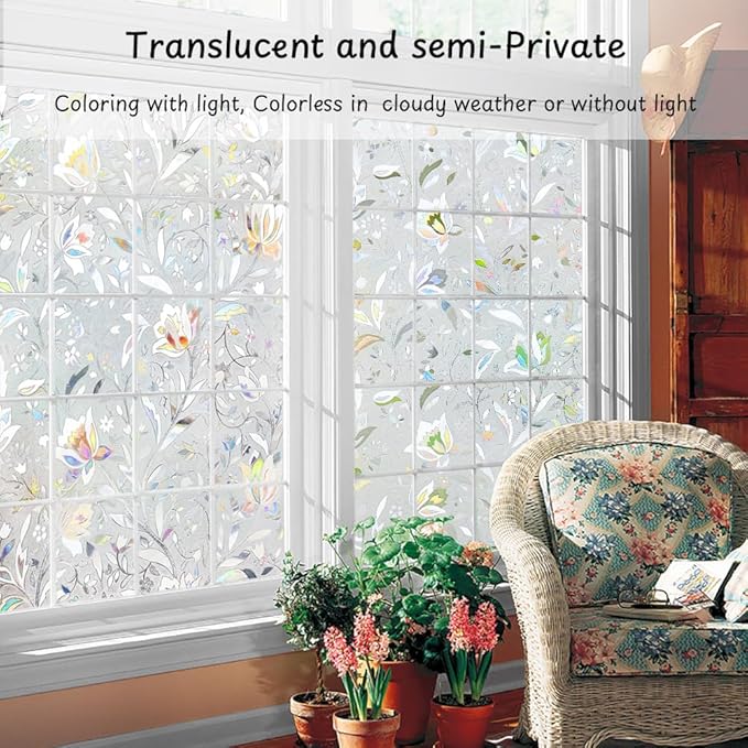 NINETREX Window Privacy Film,3D Stained Glass Window Film,Decorative Window Covering Sun Blocking Vinyl Static Cling Anti-UV Heat Control for Home Decor,Tulip 17.5 x 157.4inch