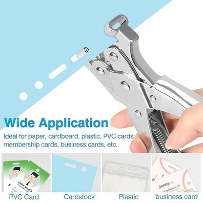 2 in 1 Badge Slot Hole Punch for ID Cards, Heavy Duty Hand Punch Metal Hole Puncher for PVC Material, Business Cards, Paper and Cardstock (5mm Round Hole &13mm X 3mm Slot Hole, Silver)
