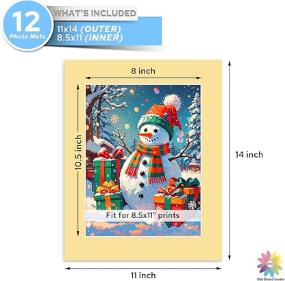 Mat Board Center, 11X14 Mix Color Mats for 8.5X11 Pictures - Acid Free, 4-Ply Thickness, White Core, Bevel Cut - for Artworks, Photos, Framing - Pack of 12