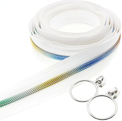Leekayer #5 Rainbow Teeh Metallic Nylon Coil Zippers by The Yard Bulk 10 Yards White Zipper Tape with 25pcs Silver Ring Pull Sliders for DIY Sewing Tailor Craft Bag(White)