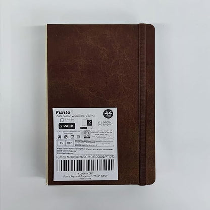 Funto Watercolor Journal, 7.5x5, 2 Packs, 44 Pages Each, Cold-Pressed 100% Cotton, Pearlescent PU Leather Brown Cover, Art Supplies for Mixed Media