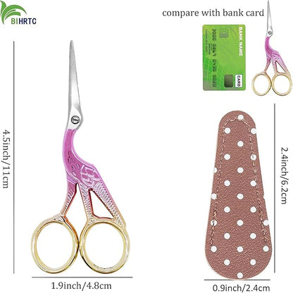 BIHRTC 4.5Inch Stork Stainless Steel Sharp Tip Scissors with Leather Safe Cover Sewing Dressmaker Scissors for Embroidery Craft Needle Work Art Work Handcraft Threading
