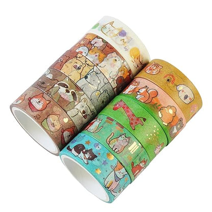 20 Rolls Cute Animals Washi Tape Set, Gold Silver Foil Cartoon Pets Decorative Tape for Bullet Journal, Planner, DIY Arts Crafts, Scrapbooking, Holiday Decoration