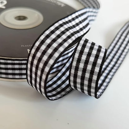 Black and White Wovon Edge Gingham Ribbon 25 Yard Each Roll 100% Polyester (5/8", Black)