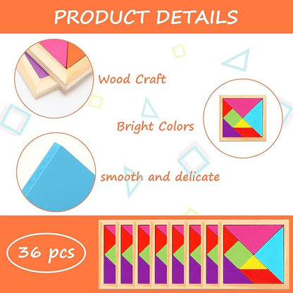 Shappy 36 Pieces Wooden Tangram Puzzles for Kids Educational Shape Puzzle Toys Geometric Pattern Brain Logic Puzzle Blocks for Students Educational Activities Back to School Gifts(Classic Style)