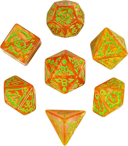 7-Die DND Dice Set Halloween Pattern Polyhedral Die Set with Leather Bag, Skull Dice D&D Die for RPG Table Games(Halloween Pattern-Orange/Green Number)