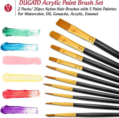 Halloween Paint Brushes Palettes Set by DUGATO, 2 Packs/20pcs Round Pointed Tip Nylon Hair Brushes with 5 Paint Trays for Acrylic Watercolor Oil Gouache Tempera and Body Painting (Black)