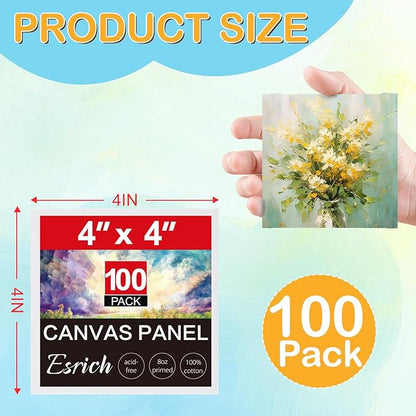 ESRICH Canvas Boards for Painting, 100 Pack Canvases for Painting 4x4 100% Cotton Small Paint Canvas Primed Acid Free Mini Blank Canvas Panels for Oil Paint,Watercolor,Acrylic Paint,Gouache&Tempera.