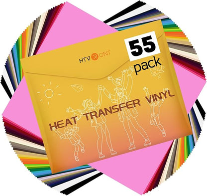 HTVRONT Heat Transfer Vinyl - 55 Pack 12" x 10" Iron on Vinyl Compatible with Cricut Cutting Machine, 44 Assorted Colors HTV Vinyl with 1 PTFE Sheet for All Cutter Machine - Easy to Cut & Weed