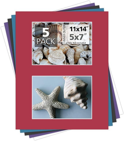 Mat Board Center, Pack of 5, Photo Picture Mats - Acid Free, 4-Ply Thickness, White Core - for Pictures, Photos, Framing (11x14 for 2-5x7 Mixed Color)