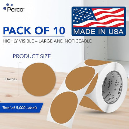 Perco Kraft Brown 3-Inch Perforated Circle Dot Sticker Labels — 10 Rolls, 5,000 Round Stickers — Natural, Cardboard-Like Surface with Permanent Adhesive for Organizing, Crafting & More—Made in USA