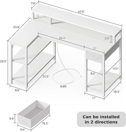 SUPERJARE 47 inch Reversible L Shaped Desk with LED Lights & Power Outlets, Computer Desk with Shelves & Monitor Stand, Gaming Desk with Drawer, Home Office Desk Corner Desk, PU White Drawer